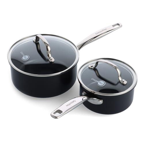 GreenPan Chatham Black Prime Midnight Hard Anodized Healthy Ceramic Nonstick, 1QT and 2QT Saucepan Pot Set with Lids, PFAS-Free, Dishwasher Safe, Oven Safe, Black - CookCave