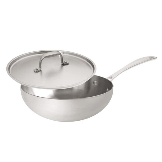 American Kitchen - 3 Quart Stainless Steel Saucier, 10 inch Easy-Stir Chef's Pan, with Cover, Made In America - CookCave