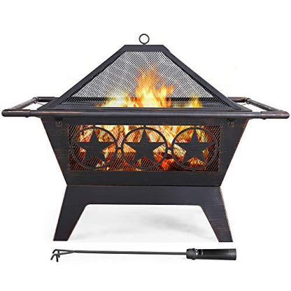 Yaheetech Fire Pit 32in Fire Pits for Outside Outdoor Fireplace Large Square Wood Burning Fire Pit Heavy Duty for Patio BBQ Camping Bonfire with Spark Screen, Mesh Cover, Poker - CookCave