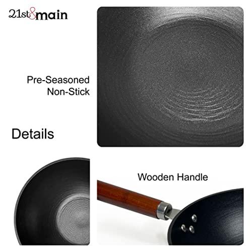 21st & Main Wok, Stir Fry Pan, Wooden Handle, 11 Inch, Lightweight Cast Iron, chef’s pan, pre-seasoned nonstick, for Chinese Japanese and other cooking - CookCave