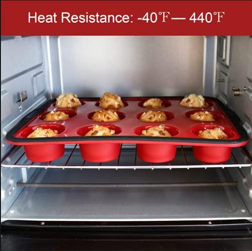 Aichoof Non-Stick Silicone Muffin Pan With Reinforced Stainless Steel Frame Inside,12 Cup Regular Muffin Baking Mold, 12 Cup Muffin Tin, BPA Free,Dishwasher Safe, Red - CookCave