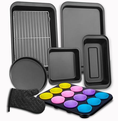 Nonstick Baking Pans Set, 9 Pieces Bakeware Set Stackable for Oven with Non-stick Cookie Sheet, Square/Round Cake Pans, Muffin, Loaf Pan, Baking Tray, Cooling Rack and Oven Mitt - CookCave