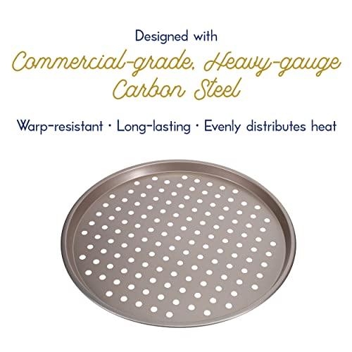 Ultra Cuisine Large Round Carbon Steel Perforated Pizza Pan with Holes, Nonstick, 13in, Champagne - CookCave