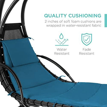 Best Choice Products Outdoor Hanging Curved Steel Chaise Lounge Chair Swing w/Built-in Pillow and Removable Canopy - Peacock Blue - CookCave