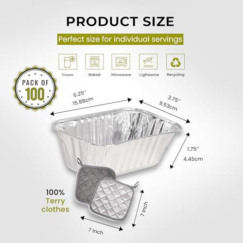 H & H Creations 100 Pack Mini Loaf Pans with 2 Hot Pads 6.25” x 3.75” x 1.75” Silver Aluminum Pan Disposable and Pot Holders - CookCave