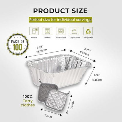 H & H Creations 100 Pack Mini Loaf Pans with 2 Hot Pads 6.25” x 3.75” x 1.75” Silver Aluminum Pan Disposable and Pot Holders - CookCave