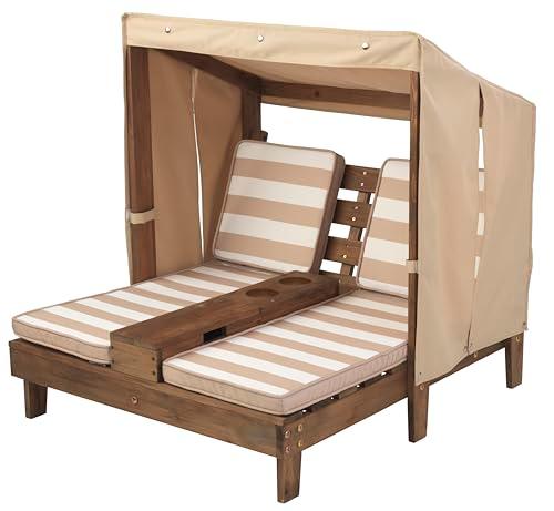 KidKraft Wooden Outdoor Double Chaise Lounge with Cup Holders, Patio Furniture for Kids or Pets, Espresso with Oatmeal and White Striped Fabric - CookCave