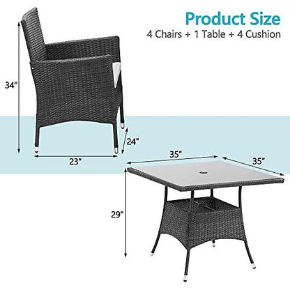 Solaste 5 Piece Patio Dining Sets, Patio Table and Chairs for 4 with Cushions, Wicker Outdoor Dining Set w/Square Tempered Glass Tabletop with Umbrella Hole, for Backyard, Balcony, Porch, Grey - CookCave