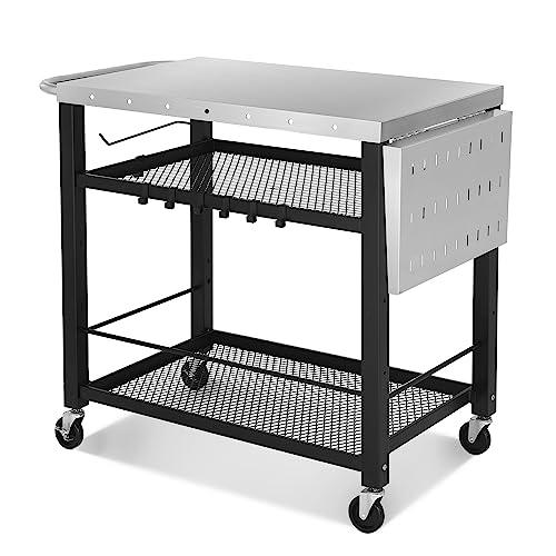 LUE BONA 43.3"W x 19.7"D Outdoor Grill Cart Table with Foldable Side Table, Movable Pizza Oven Stand for Outside Patio, Three-Shelf Stainless Steel Flattop Outdoor Cooking Prep Table with Wheels - CookCave