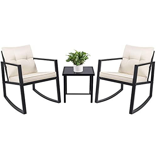 Devoko 3 Piece Rocking Bistro Set Wicker Patio Outdoor Furniture Porch Chairs Conversation Sets with Glass Coffee Table (Beige) - CookCave