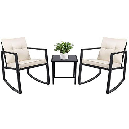 Devoko 3 Piece Rocking Bistro Set Wicker Patio Outdoor Furniture Porch Chairs Conversation Sets with Glass Coffee Table (Beige) - CookCave