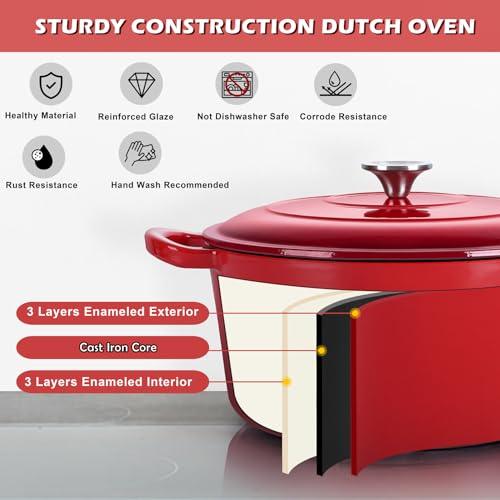 TeamFar 6QT Dutch Oven with Lid, Enameled Cast Iron Dutch Oven Nonstick Stock Pot for Cooking, Stewing, Braising, Roasting, Healthy & Heavy Duty, Double Handles & Sealed Cover, Easy to Clean - Red - CookCave