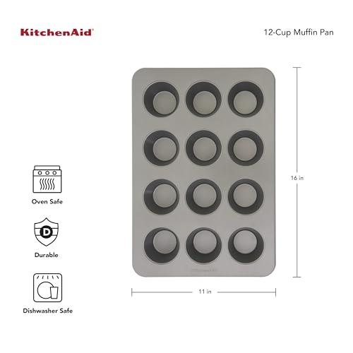 KitchenAid Nonstick 12 Count Muffin Pan with Extended Handles for Easy Girp, Aluminized Steel to Promoted Even Baking, Dishwasher Safe,Contour Silver - CookCave