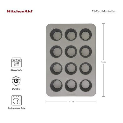 KitchenAid Nonstick 12 Count Muffin Pan with Extended Handles for Easy Girp, Aluminized Steel to Promoted Even Baking, Dishwasher Safe,Contour Silver - CookCave