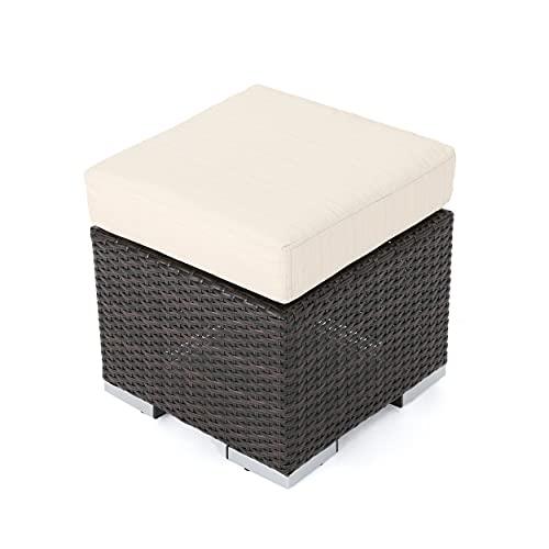 Christopher Knight Home Santa Rosa Outdoor 16" Wicker Ottoman Seat with Water Resistant Cushion, Multibrown / Beige - CookCave