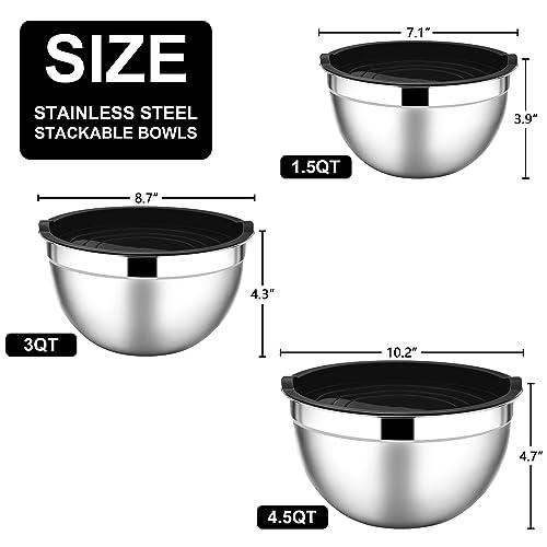 E-far Mixing Bowls with Lids, 6-Piece Stainless Steel Salad Bowls Metal Nesting Bowls for Baking Cooking and Prepping, Airtight Lids & Stackable Design, Size 4.5, 3, 1.5 QT (Black) - CookCave