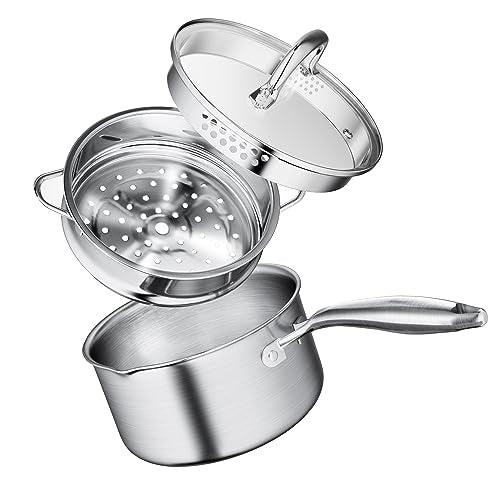 Leetaltree 1.5 Quart Stainless Steel Saucepan with Steamer Basket, Tri-ply Construction, Versatile Sauce Pan with Double-sized Drainage Lid - Perfect for Cooking Gravies, Pasta, Vegetable and More - CookCave