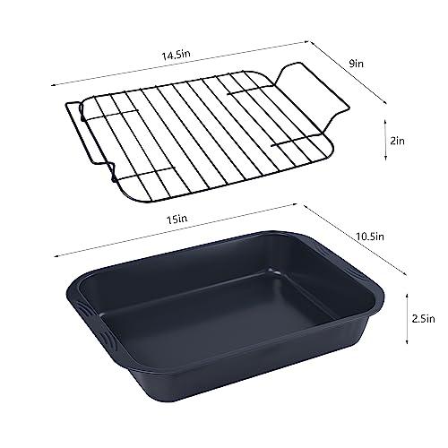 MEIHORSY Roasting Pans with Rack, 15x10.5x2.5 Inch Turkey Roaster for Small Turkey, Chicken, Meats & Veggies, Lasagna(Gray) - CookCave
