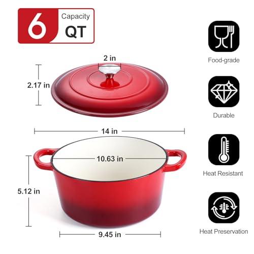 6 Quart Enameled Dutch Oven with Lid, P&P CHEF 6 Qt Cast Iron Dutch Oven Pot, Enamel Round Dutch Oven Cooking Stock Pot for Braising, Stewing, Roasting, Baking, Various Stoves & Oven Safe (Red) - CookCave