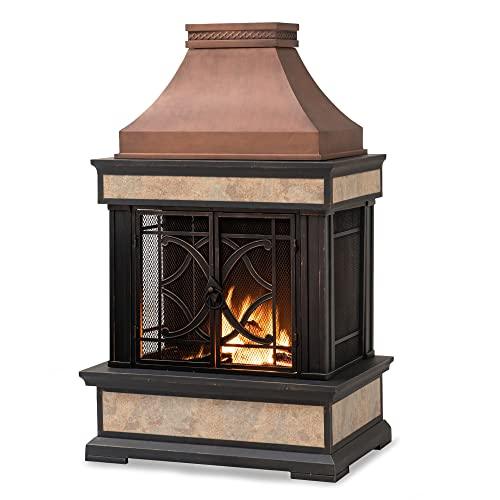 Sunjoy Outdoor Fireplace, Smith Collection Patio Wood Burning Steel Fireplace with Chimney, Spark Screen, Fire Poker, and Removable Grate, Copper with Yellow Tile - CookCave