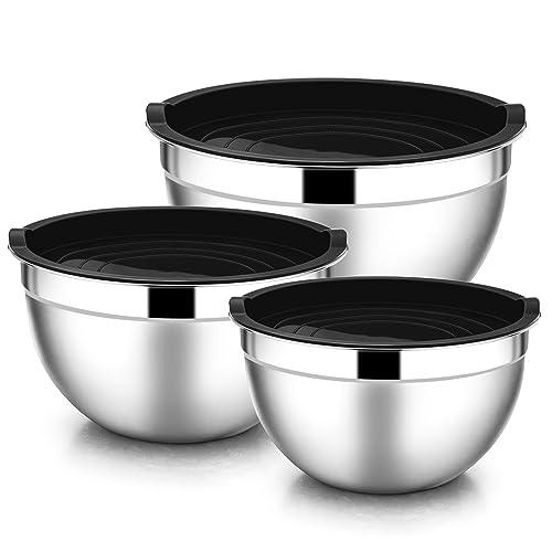 E-far Mixing Bowls with Lids, 6-Piece Stainless Steel Salad Bowls Metal Nesting Bowls for Baking Cooking and Prepping, Airtight Lids & Stackable Design, Size 4.5, 3, 1.5 QT (Black) - CookCave