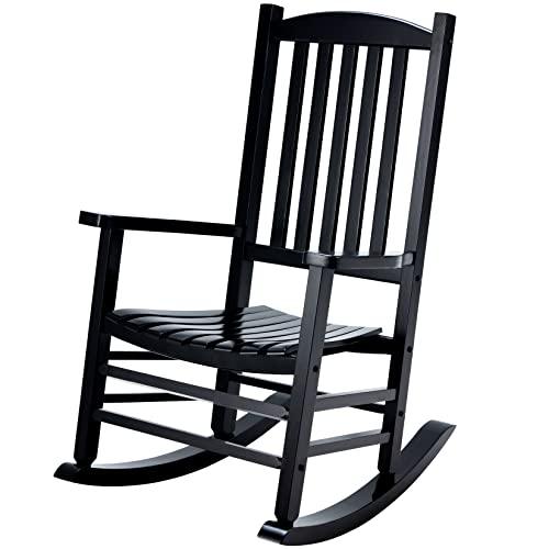 Hupmad Wooden Rocking Chair Rocker Outdoor Oversized Porch Rocker Chair,Patio Wooden Rocker with High Back and Armrest,All Weather Rocker Slatted for Backyard,Garden,400 lbs Support,Black - CookCave