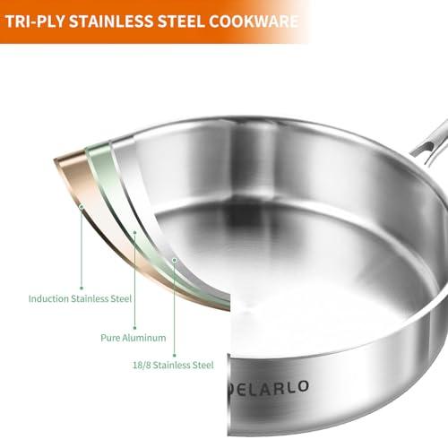 DELARLO Whole Body Tri-Ply Stainless Steel Sauté Pan with lid, 6 Quarts Saute Pan, 12 Inch Deep Frying Pan, Induction Compatible Chef Cooking Pan, Dishwasher & Oven Safe - CookCave