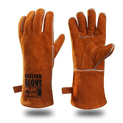 QeeLink Welding Gloves - Heat & Wear Resistant Lined Leather and Fireproof Stitching - For Welders/Fireplace/BBQ/Gardening (14-inch, Brown) - CookCave