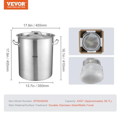 VEVOR Stainless Steel Stockpot, 42 Quart Large Cooking Pots, Cookware Sauce Pot with Strainer, Lid, and Handle, Heavy Duty Commercial Grade Stock Pot, Sanding Treatment, for Large Groups Events Silver - CookCave