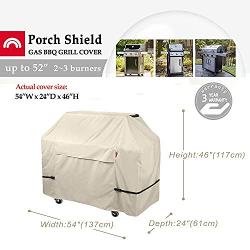 Porch Shield 54W x 24D x 46H inch Premium Gas Grill Cover Up to 52 inch - Waterproof 600D BBQ Covers for Weber, Brinkmann, Char-Broil and More, Light Tan - CookCave