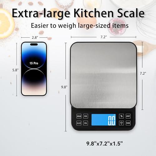 BOMATA Large Kitchen Scale with 0.1g/0.001oz High Precision, Bakery Scale with% Percentage Function, Capacity 5kg/11lbs, USB Rechargeable, Full-View Angle LCD with Backlight, Stainless Steel Pan - CookCave