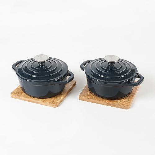 HAWOK Enameled Cast Iron Mini Round Cocotte Set, 0.7QT Mini Dutch Ovens with Lids and Bamboo Trays, 667ml/22.57oz/2.82cups, Set of 2, Navy Blue - CookCave