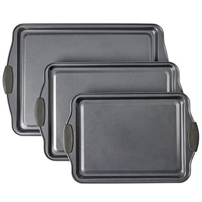 Non-Stick Baking Sheet Set 3 Pcs for Cookies & More, Heavy-Duty Aluminum Baking Sheets with Gray Silicone Handles - CookCave