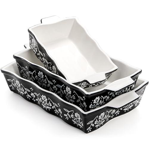 Bekith 3-Piece Ceramic Baking Dishes with Handles, Casserole Dishes for Oven, Rectangular Deep Lasagna Pans, Porcelain Bakeware Sets for Baking Cake Kitchen, Cooking, Black and White - CookCave