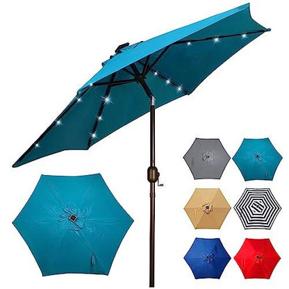 Blissun 7.5 ft Solar Umbrella 18 LED Lighted Patio Umbrella Table Market Umbrella with Tilt and Crank Outdoor Umbrella for Garden, Deck, Backyard, Pool and Beach (Cerulean) - CookCave