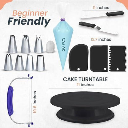 RFAQK 35PCs Cake Decorating Supplies Kit and Leveler-Rotating Cake Turntable with Non Slip pad-7 Icing Tips and 20 Bags- Straight & Offset Spatula-3 Scraper Set -Ebook, Black - CookCave