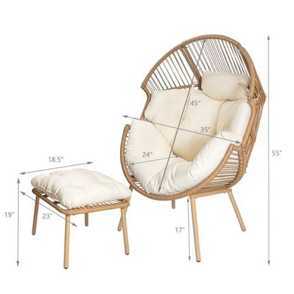 Barton 2-Pieces Stationary Wicker Egg Chair Oversized Egg Seat 350lbs Teardrop Cuddle Cocoon Chair Egg Basket Lounge Chair with Ottoman Indoor/Outdoor, Beige - CookCave