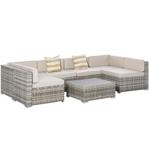 Outsunny 7-Piece Patio Furniture Set, Outdoor Wicker Conversation Set, All Weather PE Rattan Sectional Sofa Set with Cushions and Tempered Faux Wood Table, Stripe Pillows, Beige - CookCave