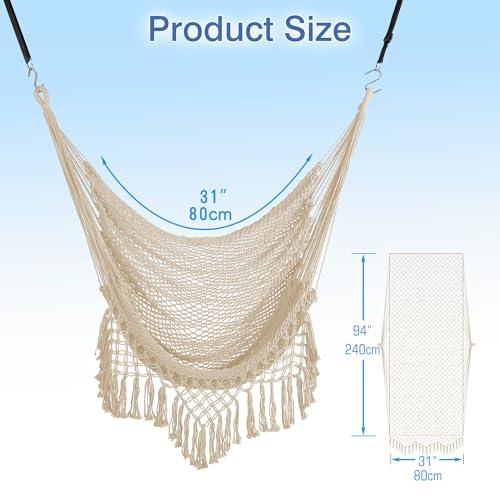 FSCGIFE Hammock Chair Large Hanging Chair Max 330 LBS Soft Cotton Rope Swing Chair for Outdoor, Indoor, Living Room, Garden, Yard (Beige) - CookCave