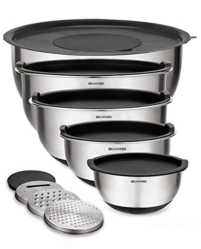 Belwares Mixing Bowls with Lids Set - Nesting Bowls with Airtight Lids + Graters - Stainless Steel Non-Slip Mixing Bowl for Baking, Food Storage and Prepping (Black, 5-Piece Set) - CookCave