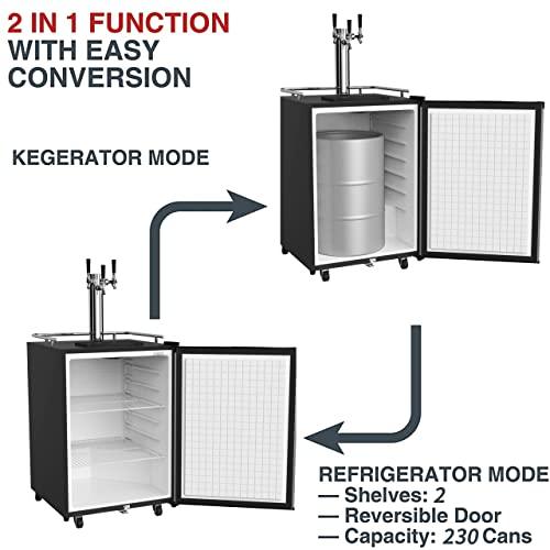 HCK Kegerator & Undercounter Refrigerator 2 in 1,24 inch Beer Cooler with 3 taps,Built-in or Freestanding,Stainless Steel Reversible Door,Indoor or Outdoor for Home & Commercial Use K185 - CookCave