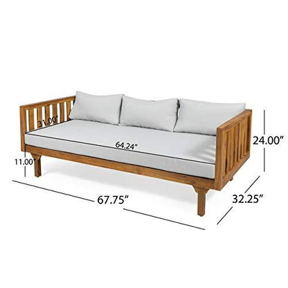 Christopher Knight Home Tina Outdoor 3 Seater Acacia Wood Daybed, Teak Finish, Light Grey - CookCave