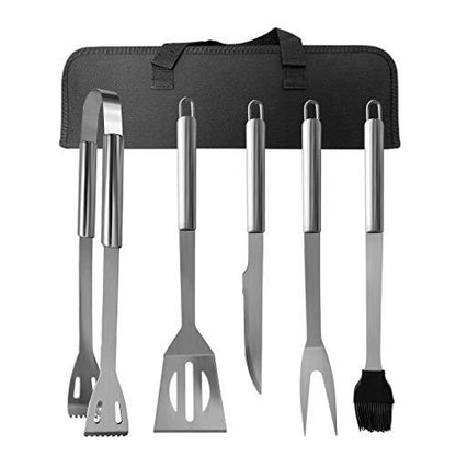 PTAPIPI Grill Accessories, Stainless Steel BBQ Tools 5 Pcs BBQ Tools Grilling Tools Set with Stainless Steel Knife, Spatula, Tongs, Fork, Silicone Basting Brush - CookCave