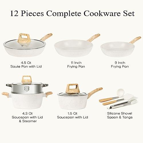 SODAY Pots and Pans Set Non Stick, 12 Pcs Kitchen Cookware Sets Induction Cookware Granite Cooking Set with Frying Pans, Saucepans, Steamer Silicone Shovel Spoon & Tongs (White) - CookCave