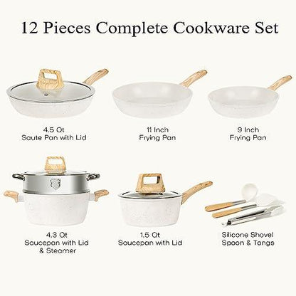 SODAY Pots and Pans Set Non Stick, 12 Pcs Kitchen Cookware Sets Induction Cookware Granite Cooking Set with Frying Pans, Saucepans, Steamer Silicone Shovel Spoon & Tongs (White) - CookCave