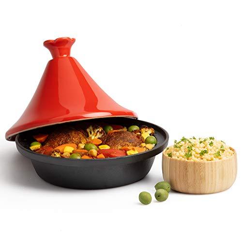 Tagine Moroccan Cast Iron 4 qt Cooker Pot with Recipe Book, Caribbean One-Pot Tajine Cooking, Enameled Ceramic Lid- 500 F Oven Safe Dish w Large Capacity, Cone Shaped Lid, Cookware Gift - CookCave