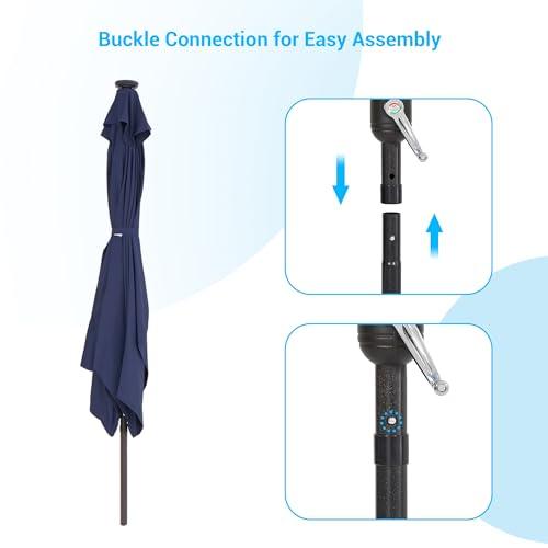 Bonosuki 10x6.5' Solar LED Outdoor Umbrella Patio Umbrella 2-Year-Non-Fading Steel Market Umbrella with Push Button Tilt and Crank,Navy Blue - CookCave