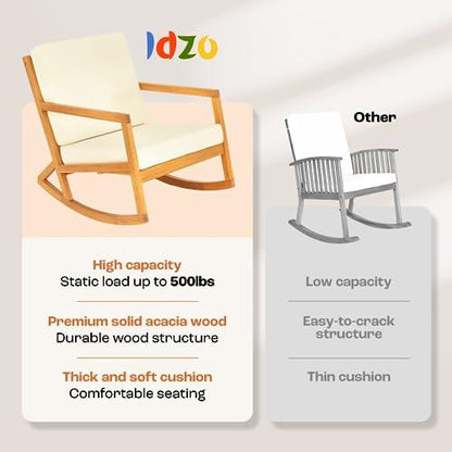 Idzo Premium Club Rocking Chair 500lbs Capacity with Inclined Backrest, Thick Foam, Solid Acacia Wood Rocker for Patio, Backyard, Balcony, Porch, 2 Cushions_Beige - CookCave