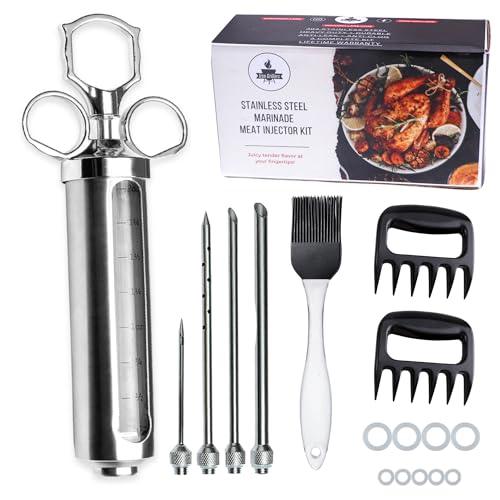 Iron Grillers Professional Meat Injector Syringe Kit for Smoking & Grilling | Large 2 Oz Capacity | Stainless Steel | Marinade Flavor Brush + Meat Shredder Claws - Creates Delicious Turkey & More - CookCave