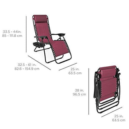Best Choice Products Set of 2 Adjustable Steel Mesh Zero Gravity Lounge Chair Recliners w/Pillows and Cup Holder Trays - Burgundy - CookCave